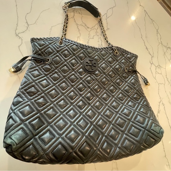 Tory Burch Diamond Quilted Black Slouchy Tote Bag - Picture 2 of 16